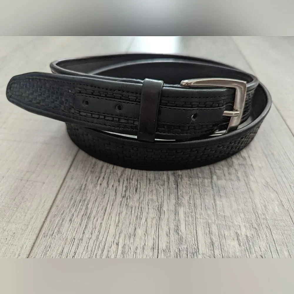Tommy Bahama Black Brown Leather Belt Braided with Silver Buckle Size 44